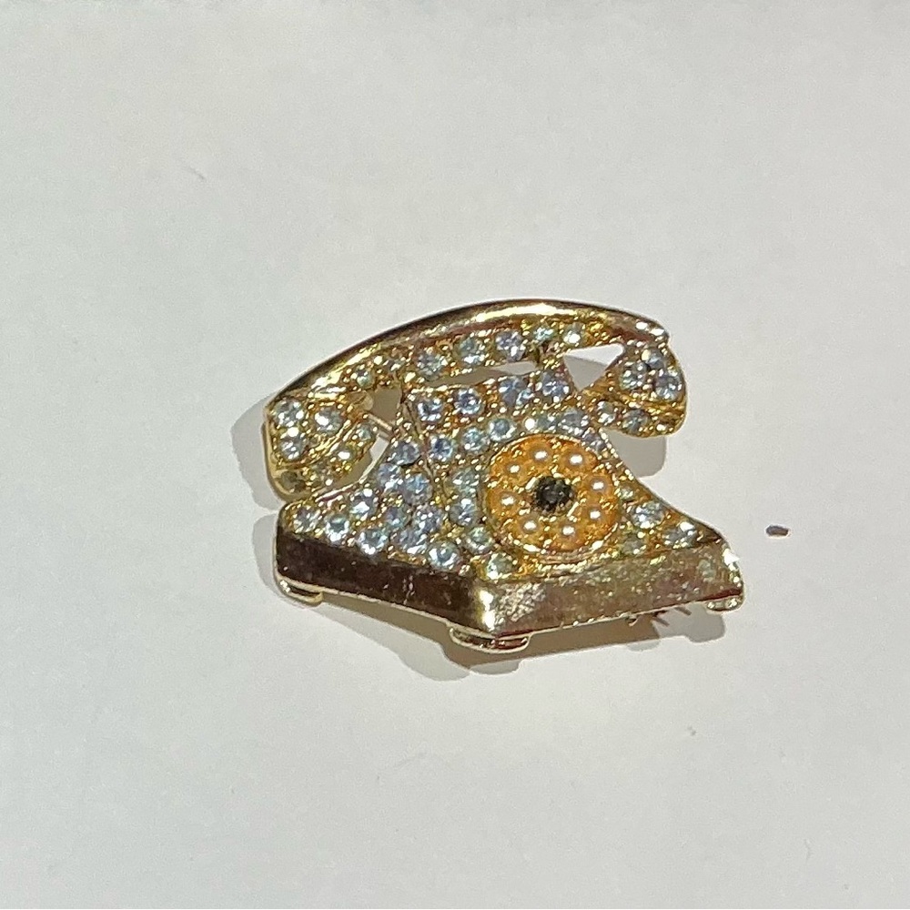 Vintage Gold and Blue Rhinestone Rotery Telephone Brooch